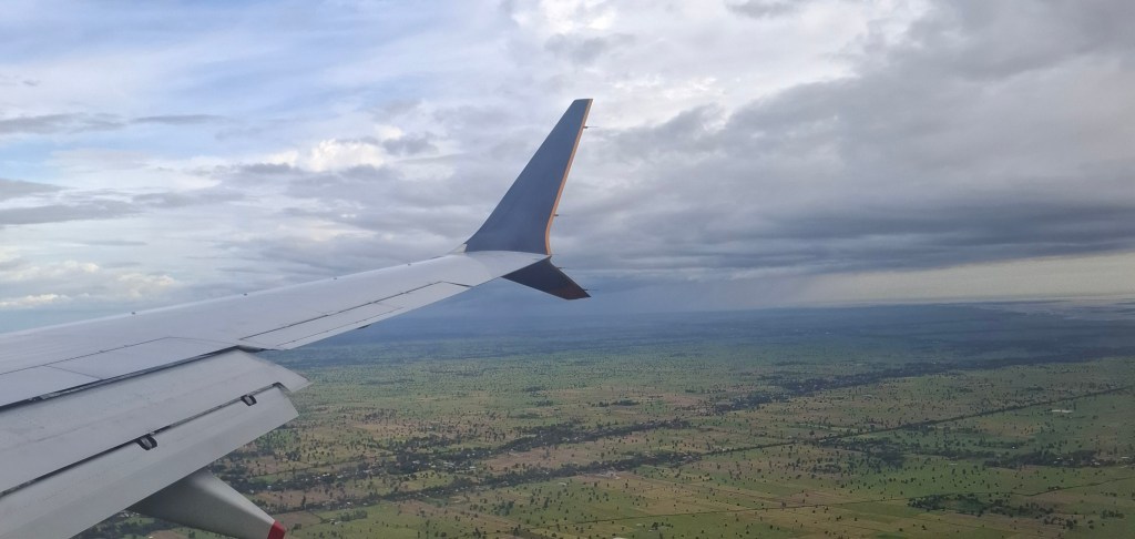 The view of an aeroplane above a pretty landscape.